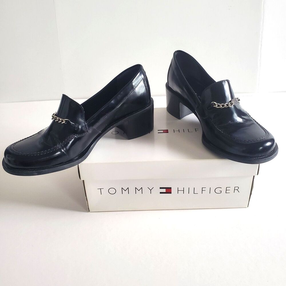 VTG Tommy Hilfiger Women’s Loafers Size 7 Black Patent Loafer Block Heel Y2K - Picture 2 of 13